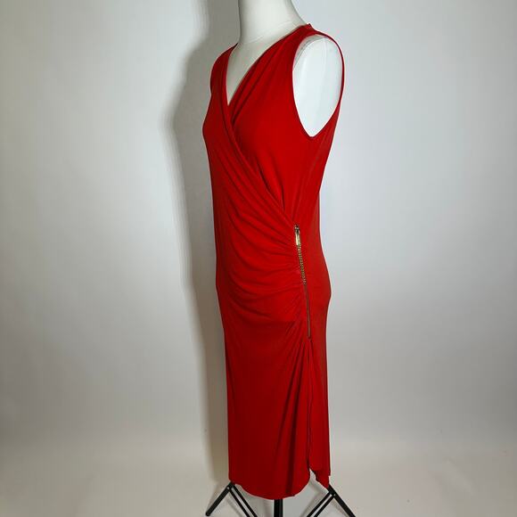 Michael Kors Red Asymmetric Gold Hardware Sleeveless Ruched Dress Womens Large L - Picture 4 of 11